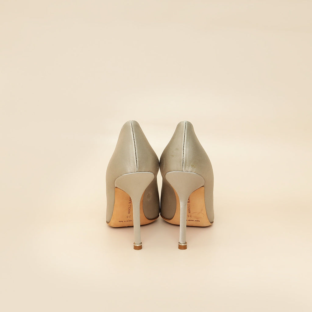 Manolo Blahnik Light Grey Hangisi Satin Embellished Pump 38