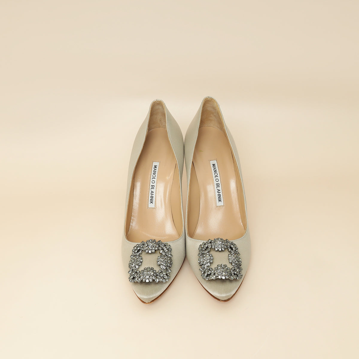 Manolo Blahnik Light Grey Hangisi Satin Embellished Pump 38