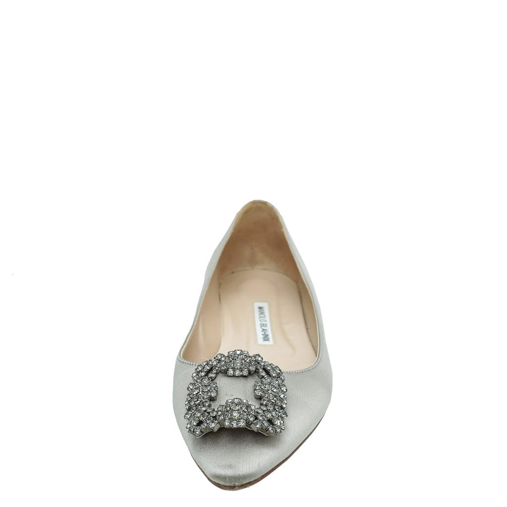 Manolo Blahnik Light Grey Satin Hangisi Flat Ballerina 39