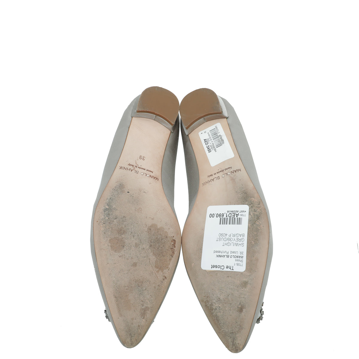 Manolo Blahnik Light Grey Satin Hangisi Flat Ballerina 39