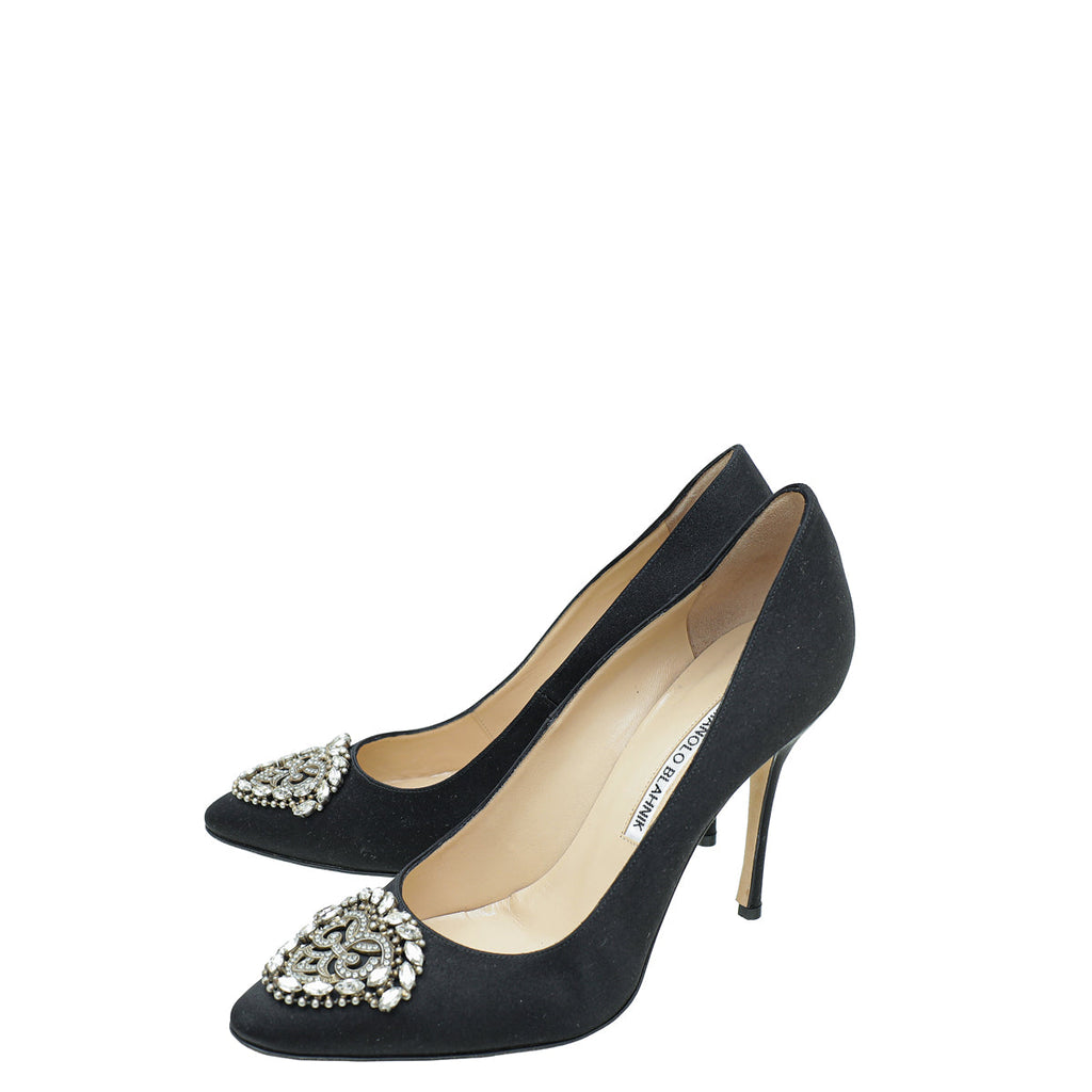 Manolo Blahnik Black Satin Okkava Pumps 39