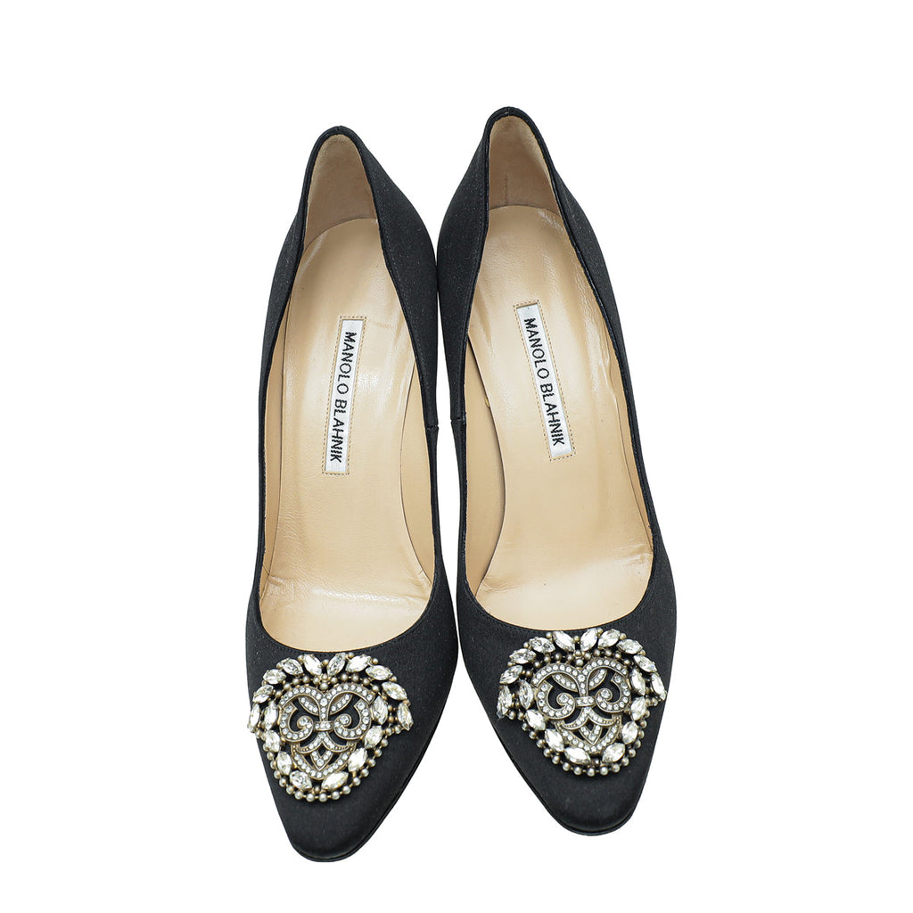 Manolo Blahnik Black Satin Okkava Pumps 39