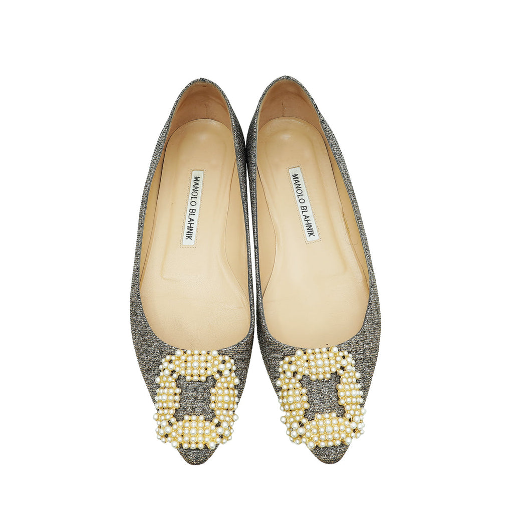 Manolo Blahnik Bicolor Hangisi Pearl Glitter Fabric Flat Ballerina 36