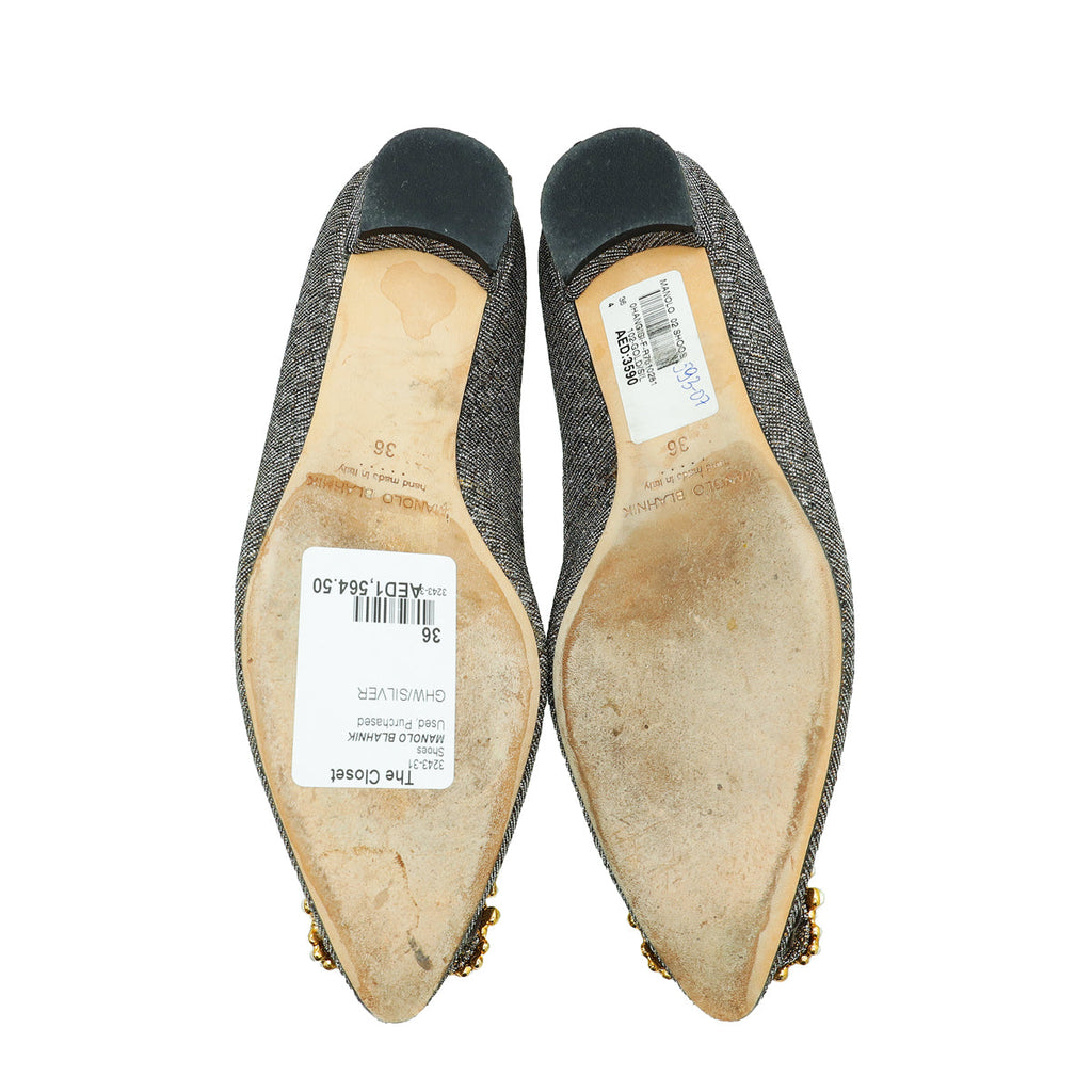 Manolo Blahnik Bicolor Hangisi Pearl Glitter Fabric Flat Ballerina 36