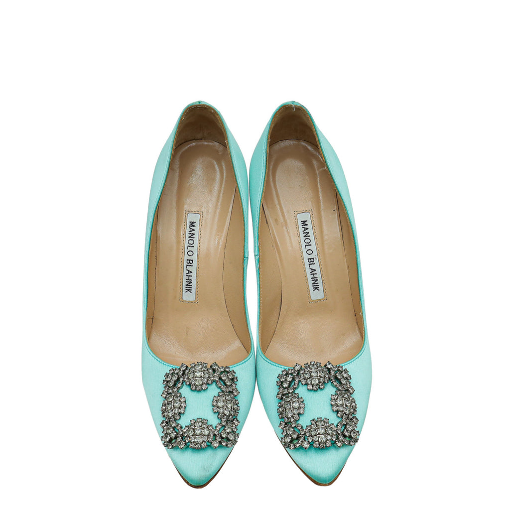 Manolo Blahnik Mint Green Satin Hangisi Pumps 36