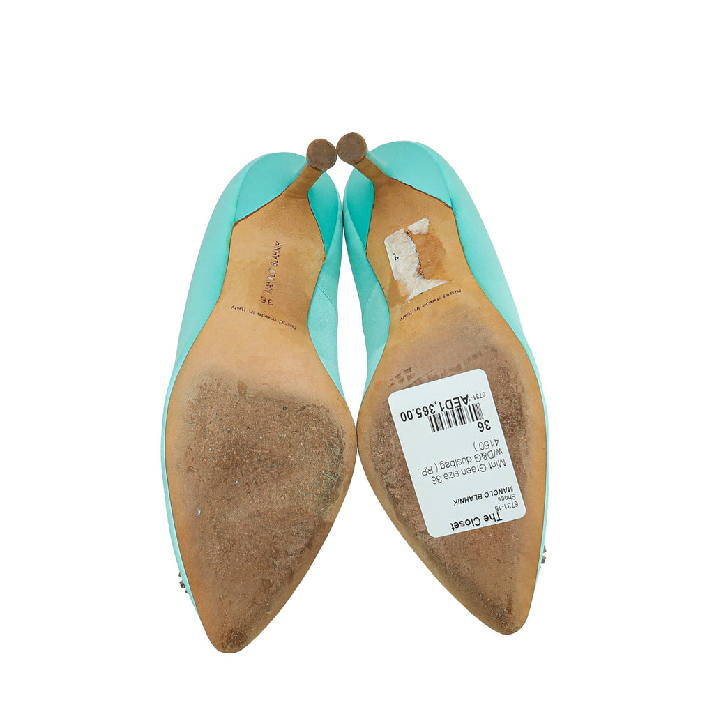 Manolo Blahnik Mint Green Satin Hangisi Pumps 36