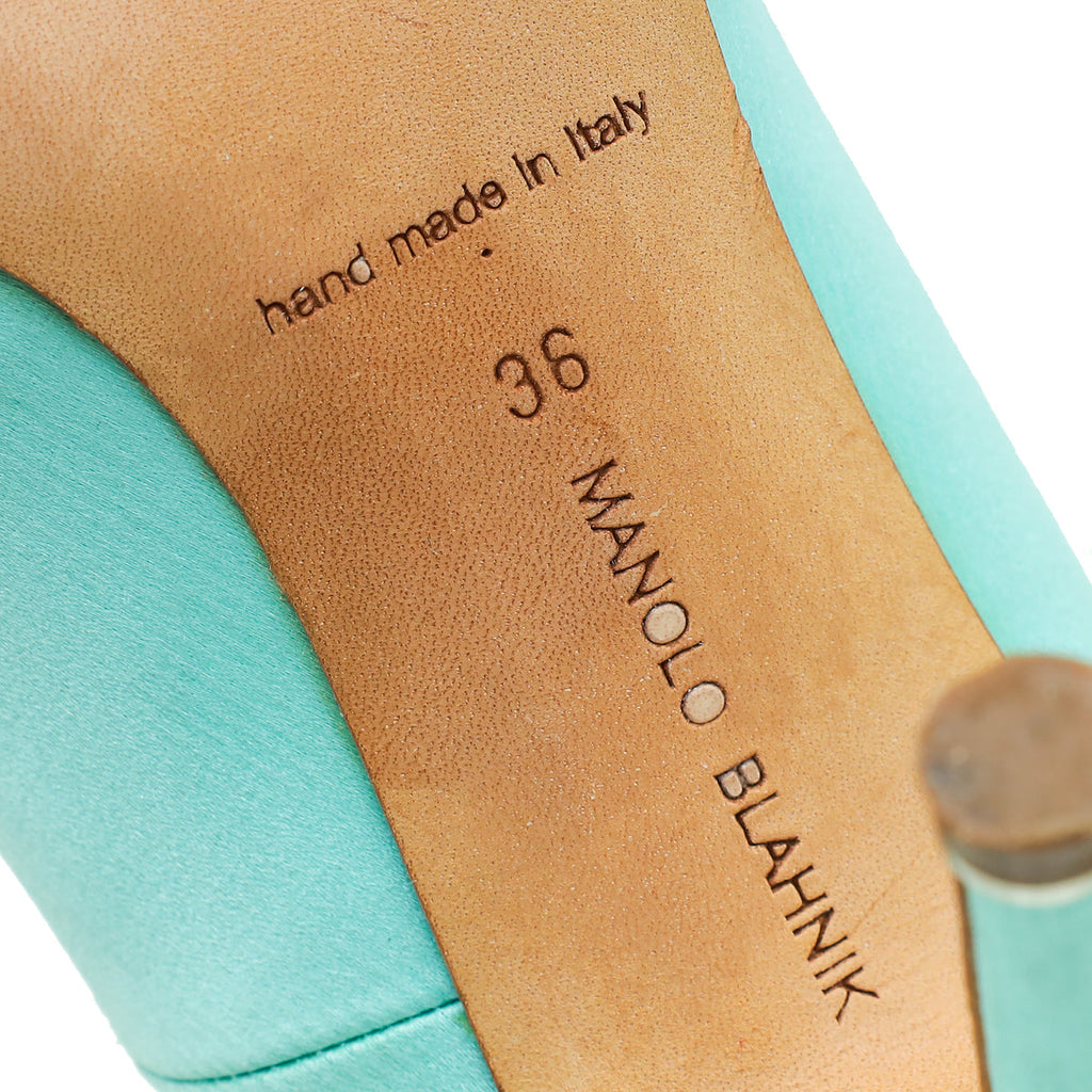 Manolo Blahnik Mint Green Satin Hangisi Pumps 36