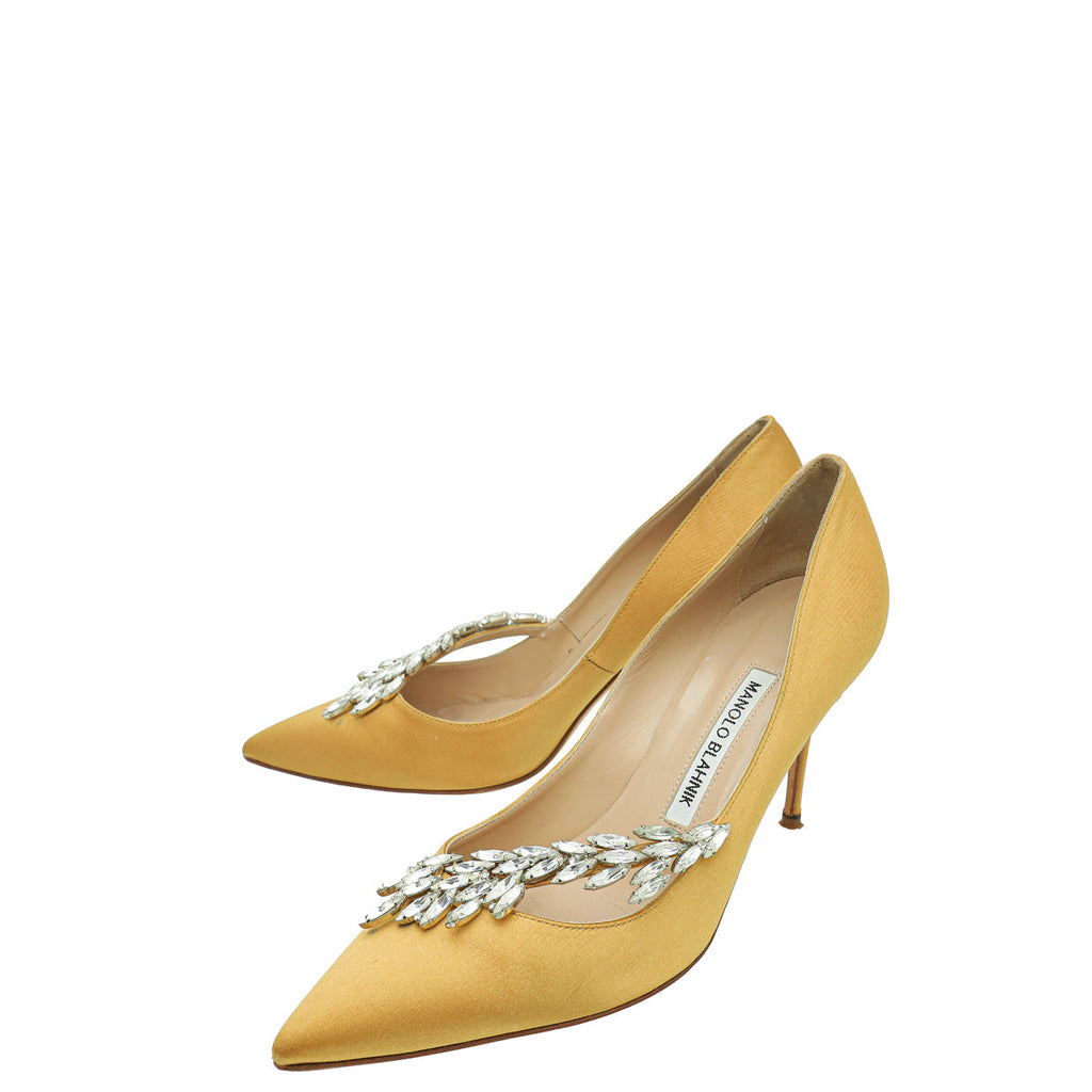 Manolo Blahnik Gold Satin Nadira Pumps 37
