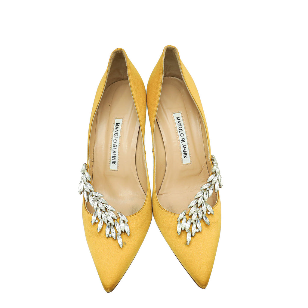 Manolo Blahnik Gold Satin Nadira Pumps 37