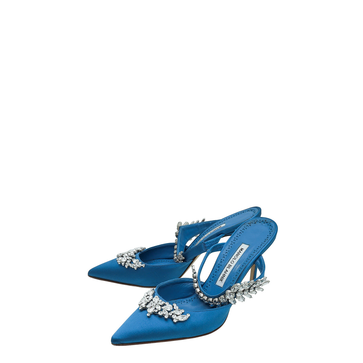 Manolo Blahnik Blue Satin Lurum Crystal Slingback Mules 38