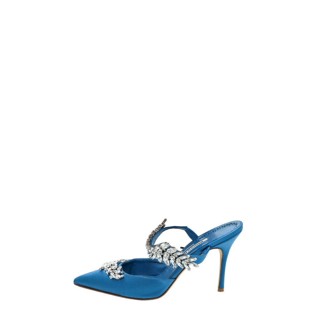 Manolo Blahnik Blue Satin Lurum Crystal Slingback Mules 38