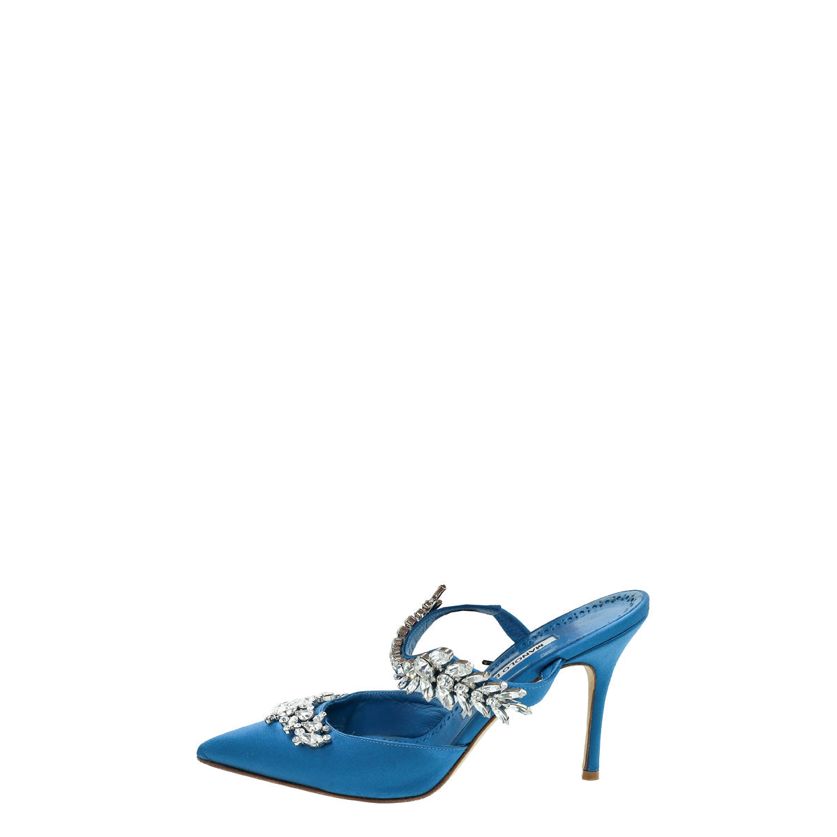 Manolo Blahnik Blue Satin Lurum Crystal Slingback Mules 38
