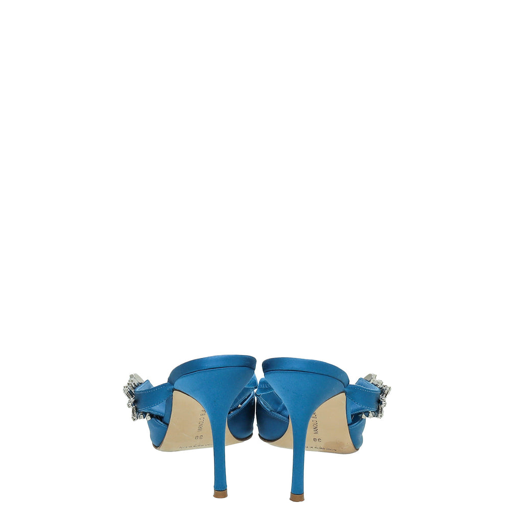 Manolo Blahnik Blue Satin Lurum Crystal Slingback Mules 38