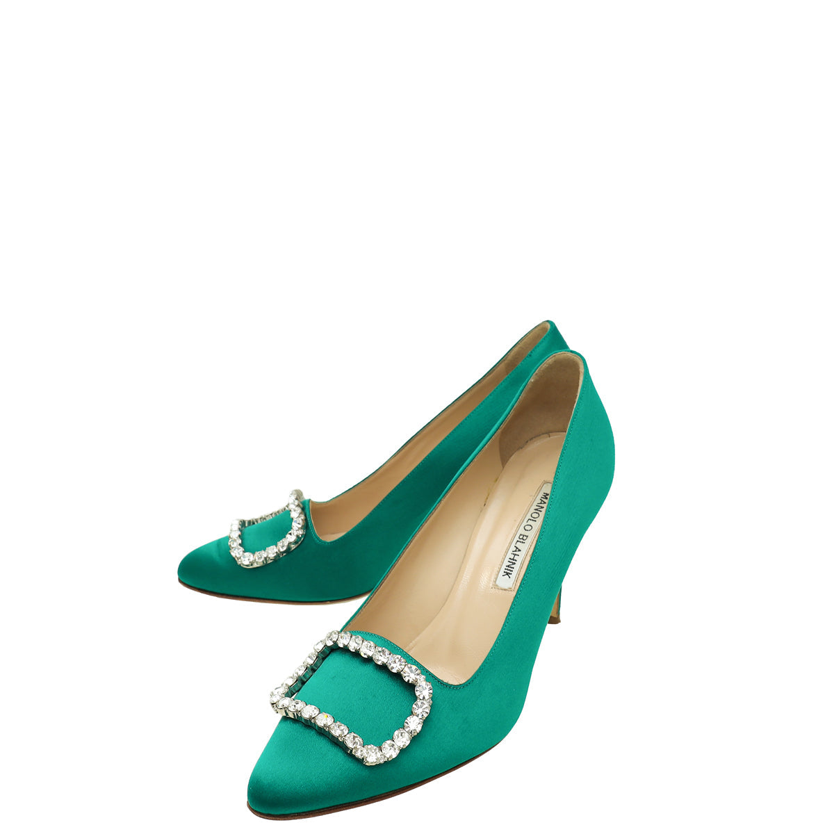 Manolo Blahnik Green Satin Olek Crystal Pumps 38