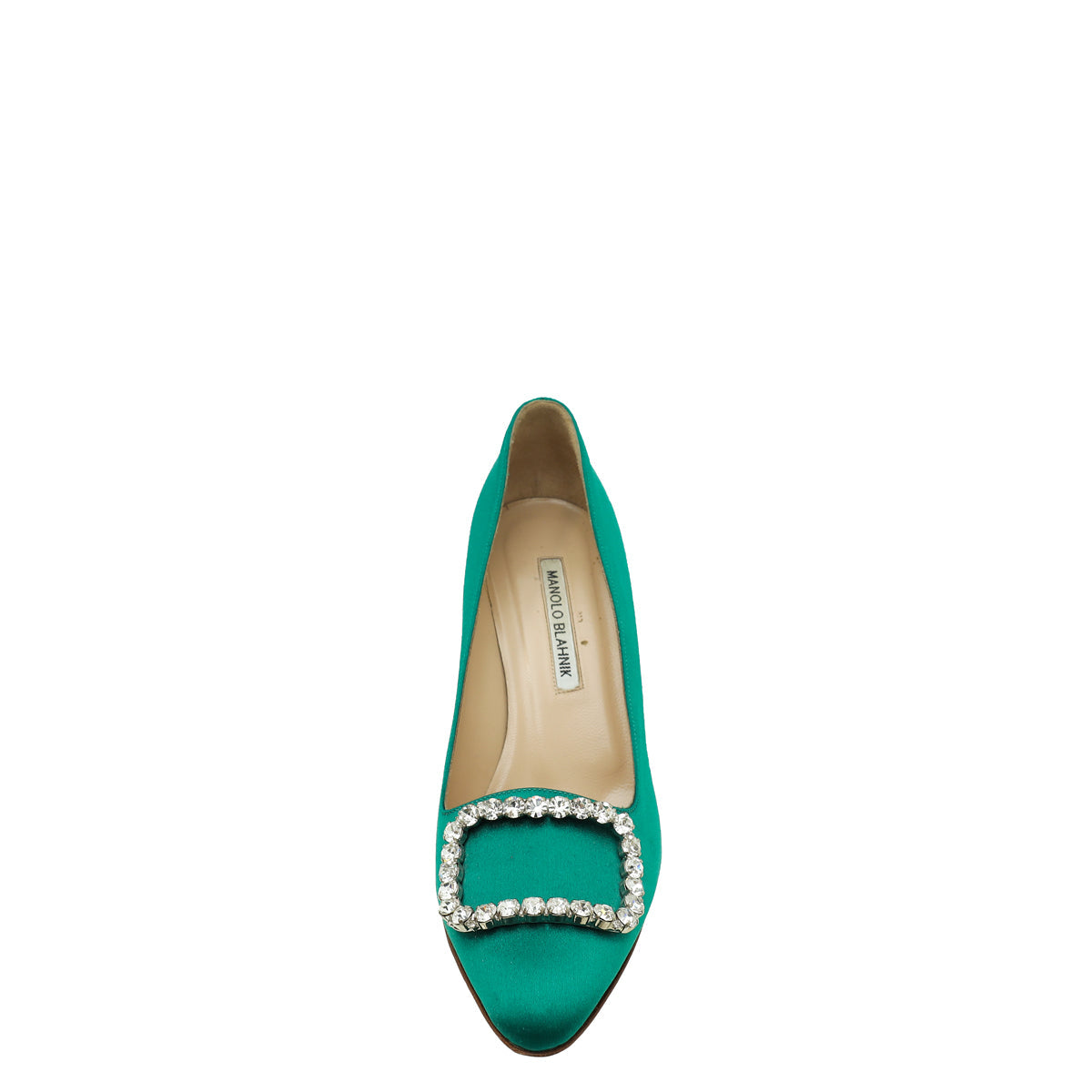 Manolo Blahnik Green Satin Olek Crystal Pumps 38