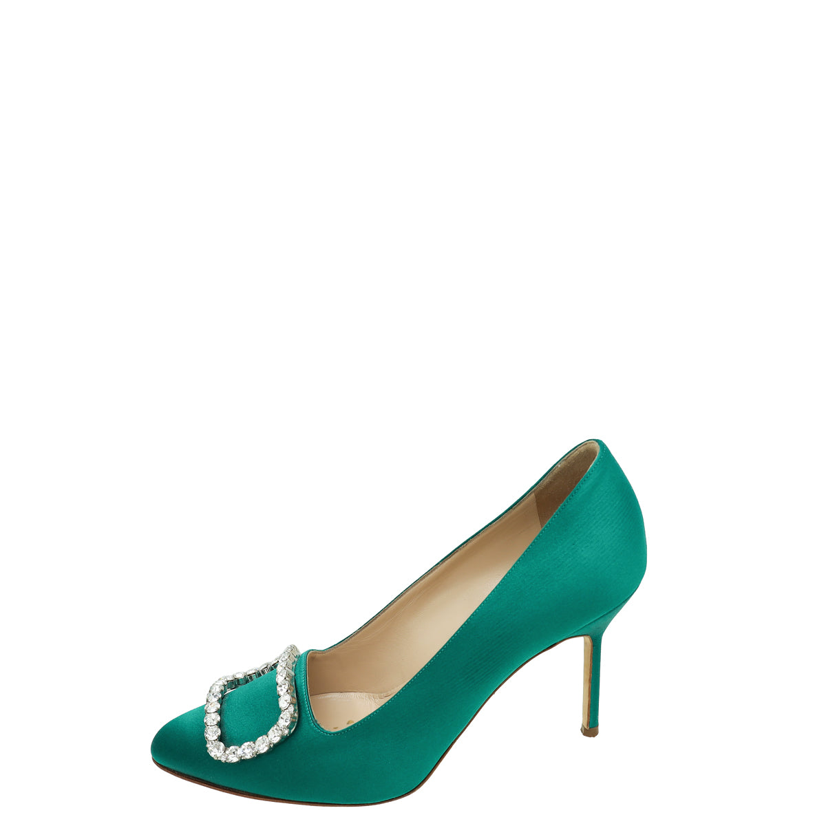 Manolo Blahnik Green Satin Olek Crystal Pumps 38