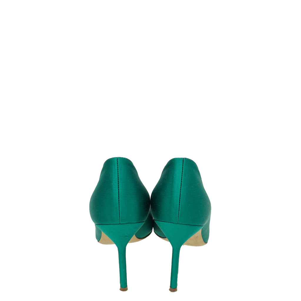 Manolo Blahnik Green Satin Olek Crystal Pumps 38