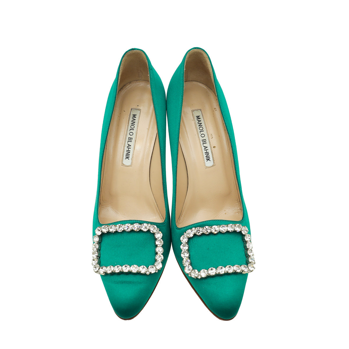 Manolo Blahnik Green Satin Olek Crystal Pumps 38