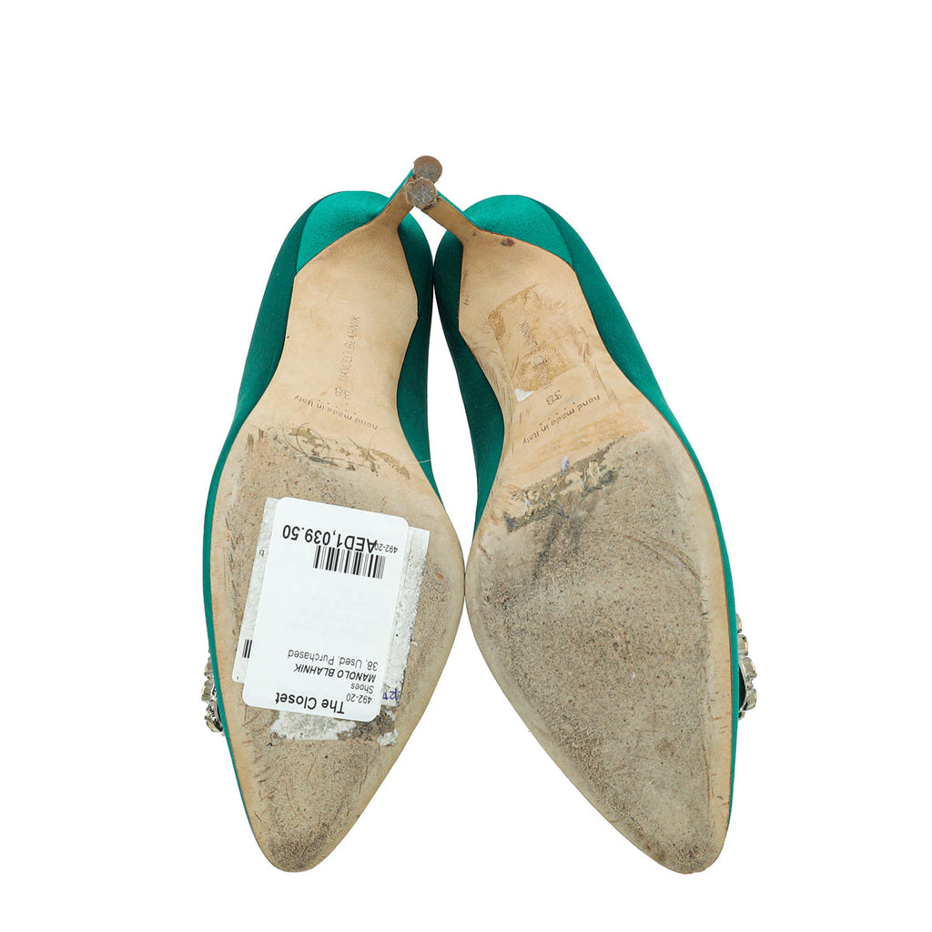 Manolo Blahnik Green Satin Olek Crystal Pumps 38