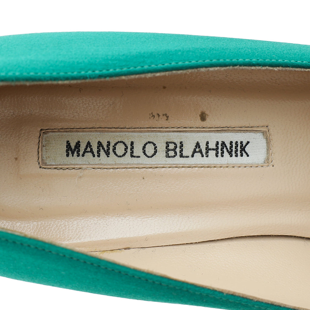 Manolo Blahnik Green Satin Olek Crystal Pumps 38