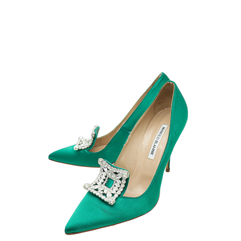 Manolo Blahnik Green Satin Borlak Pumps 39.5