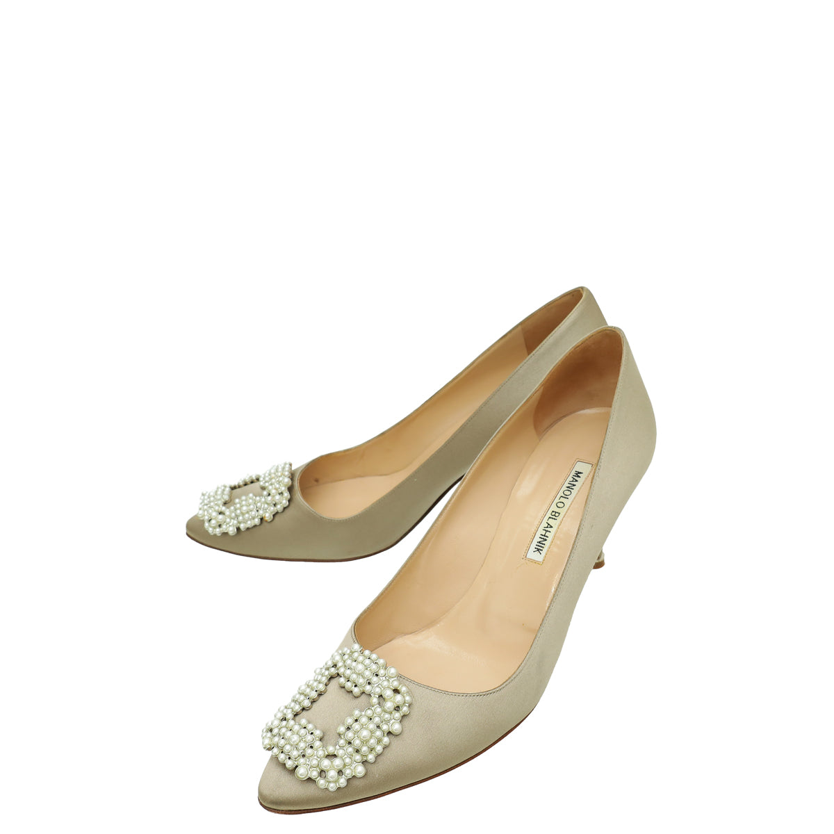 Manolo Blahnik Poudre Nude Satin Pearl Embellished Hangisi Pump 39.5