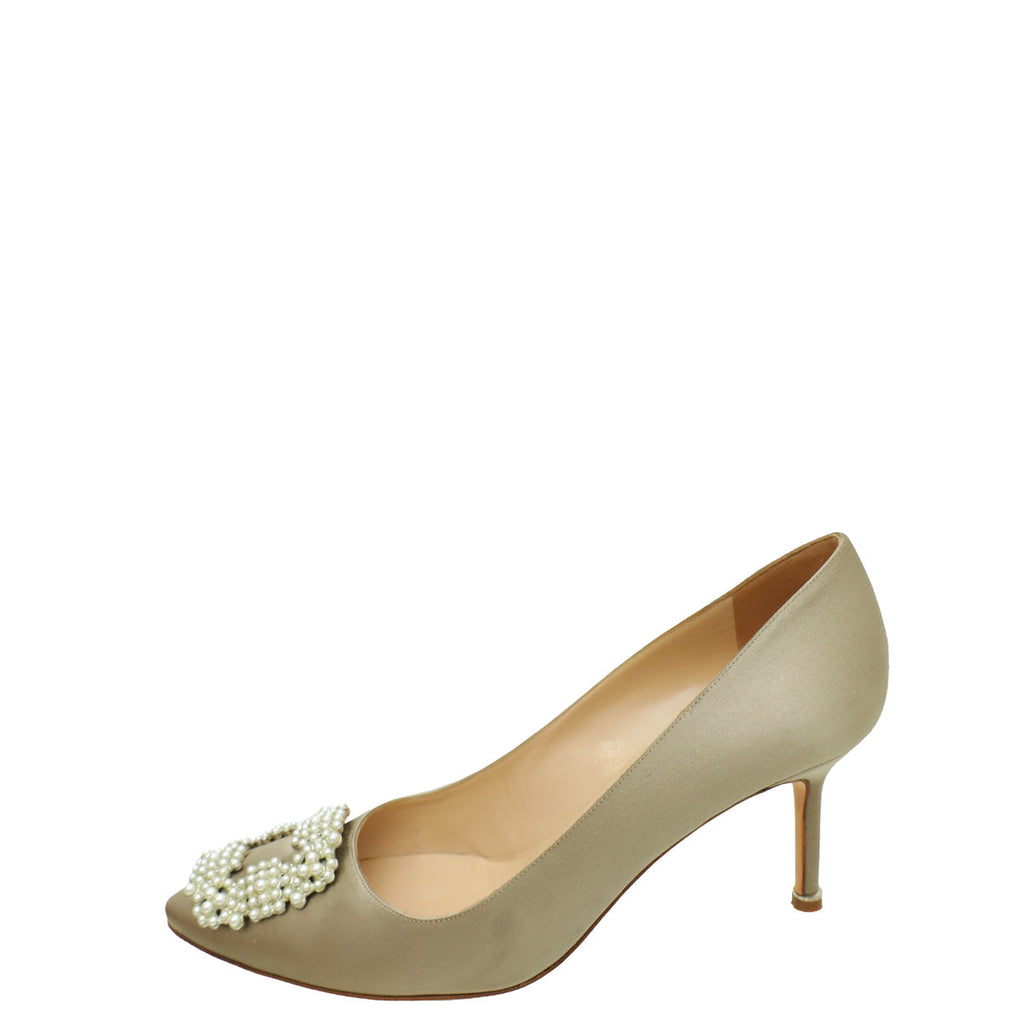 Manolo Blahnik Poudre Nude Satin Pearl Embellished Hangisi Pump 39.5
