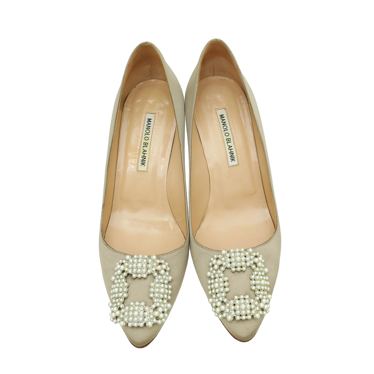 Manolo Blahnik Poudre Nude Satin Pearl Embellished Hangisi Pump 39.5