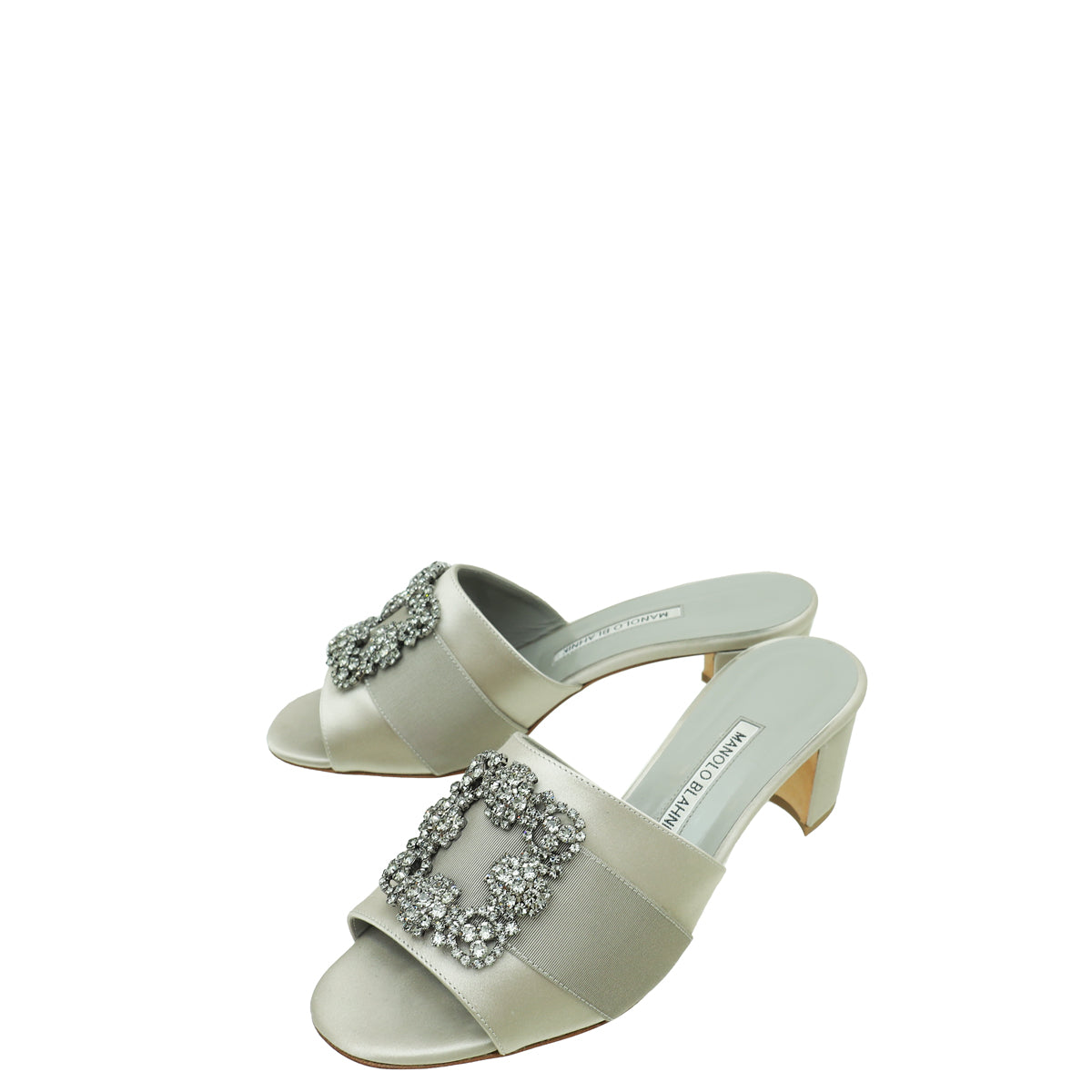 Manolo Blahnik Light Grey Satin Hangisi Mules 39