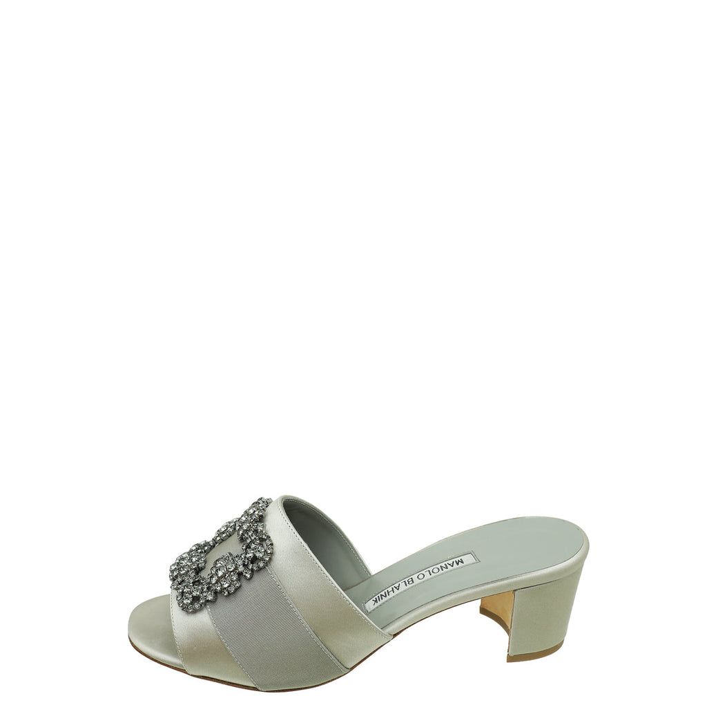 Manolo Blahnik Light Grey Satin Hangisi Mules 39