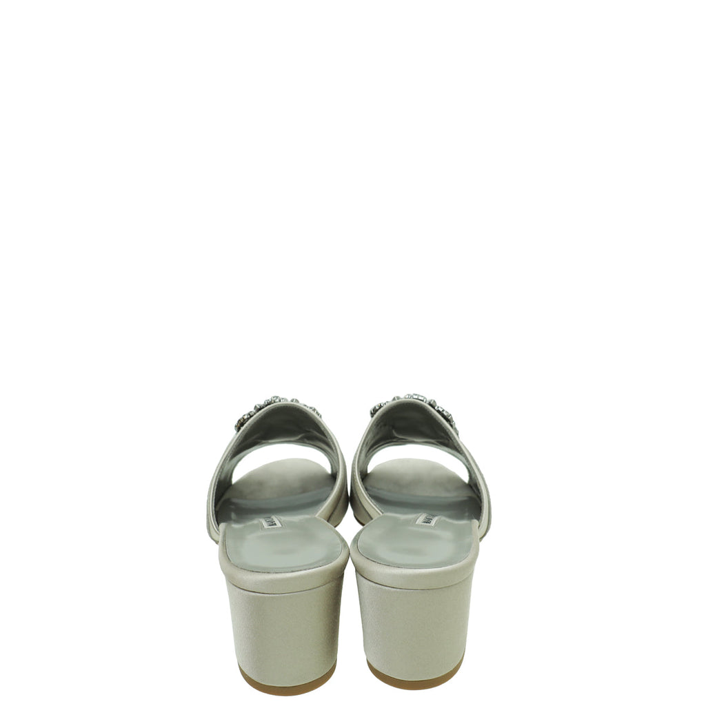 Manolo Blahnik Light Grey Satin Hangisi Mules 39