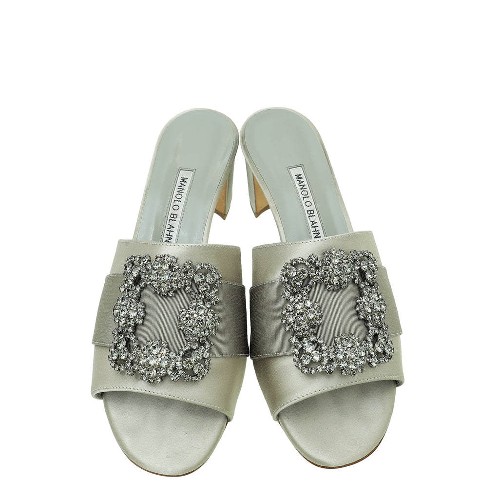 Manolo Blahnik Light Grey Satin Hangisi Mules 39