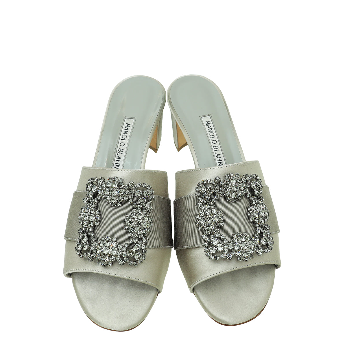 Manolo Blahnik Light Grey Satin Hangisi Mules 39
