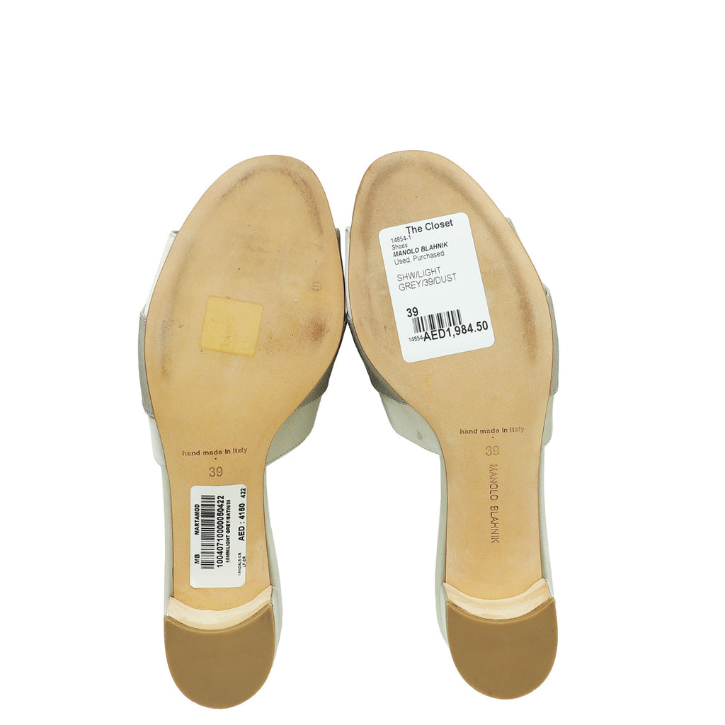 Manolo Blahnik Light Grey Satin Hangisi Mules 39