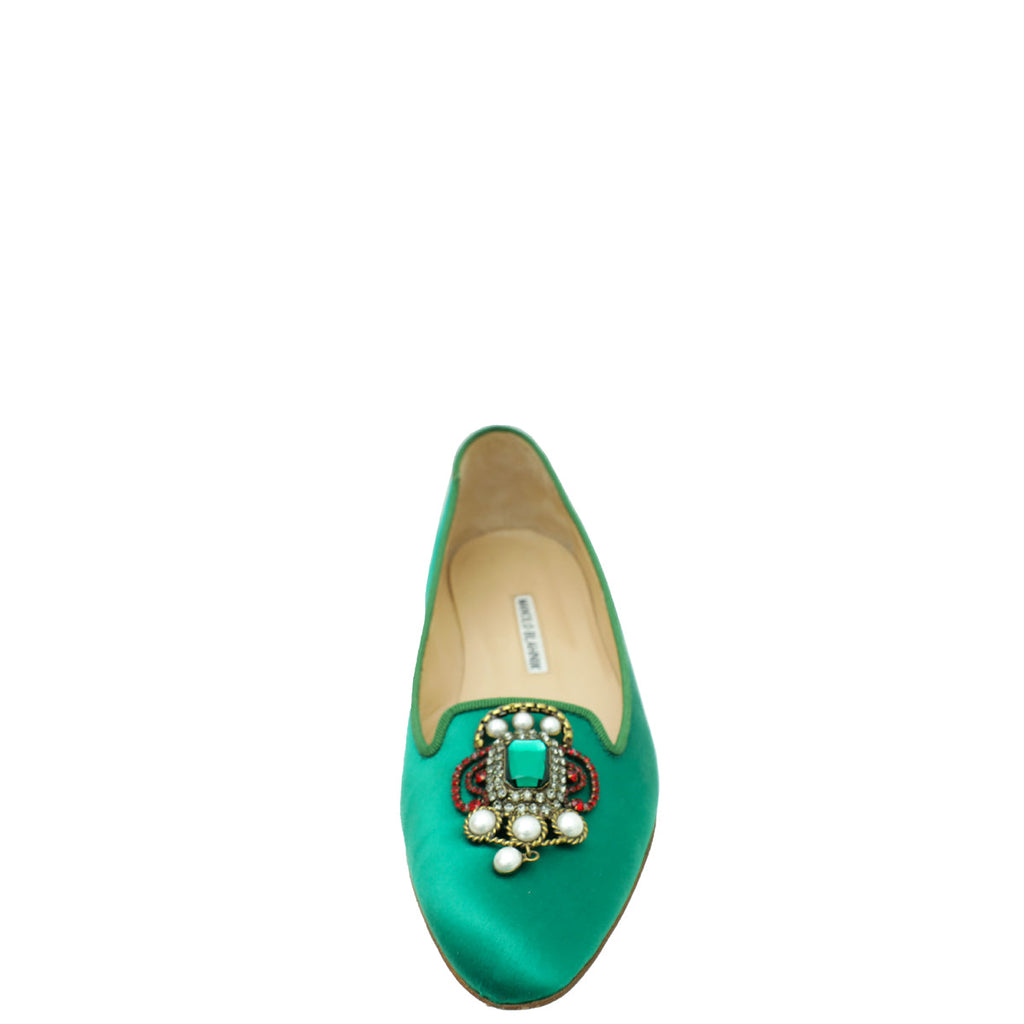 Manolo Blahnik Emerald Green Satin Eufrasia Flat Ballerina 40