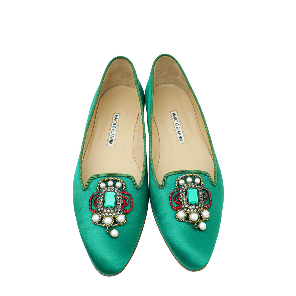 Manolo Blahnik Emerald Green Satin Eufrasia Flat Ballerina 40