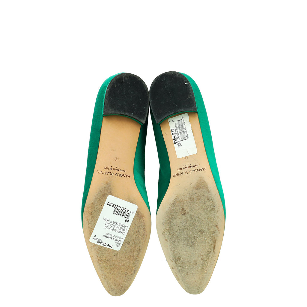 Manolo Blahnik Emerald Green Satin Eufrasia Flat Ballerina 40