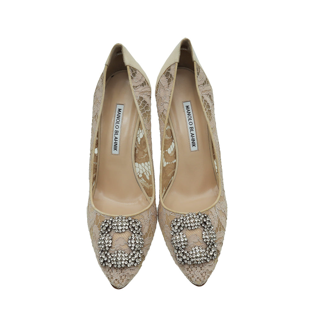Manolo Blahnik Powder Nude Lace Embellished Hangisi Pump 40