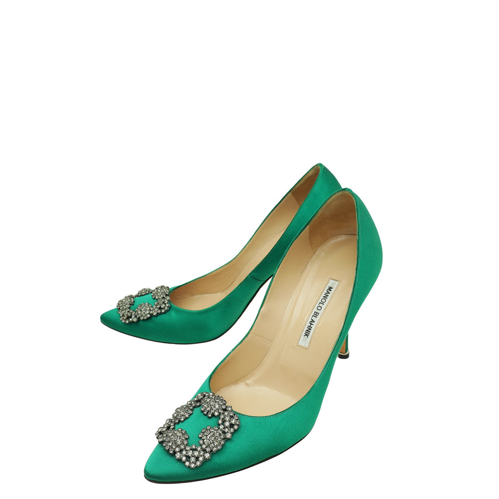 Manolo Blahnik Green Satin Hangisi Pumps 41