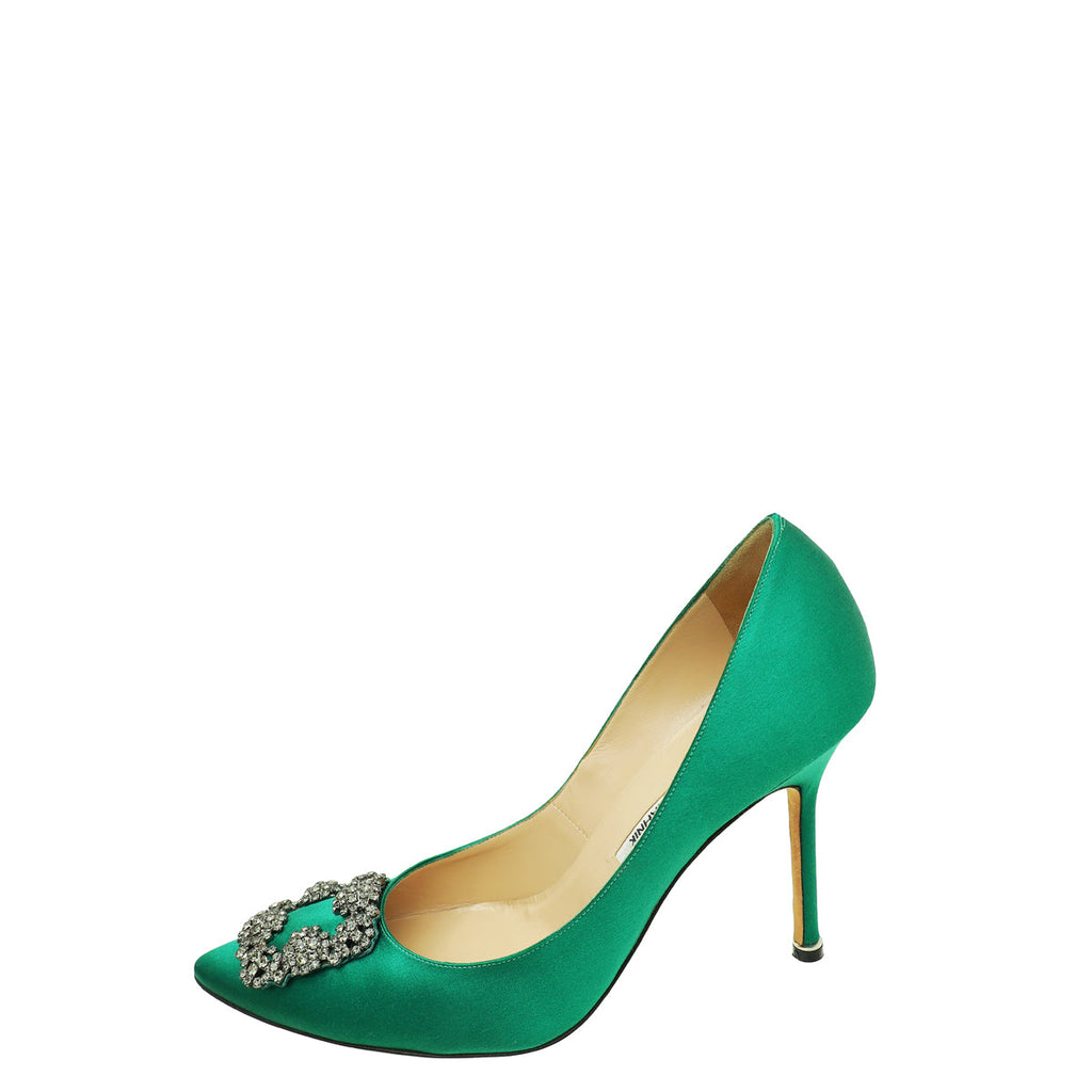 Manolo Blahnik Green Satin Hangisi Pumps 41