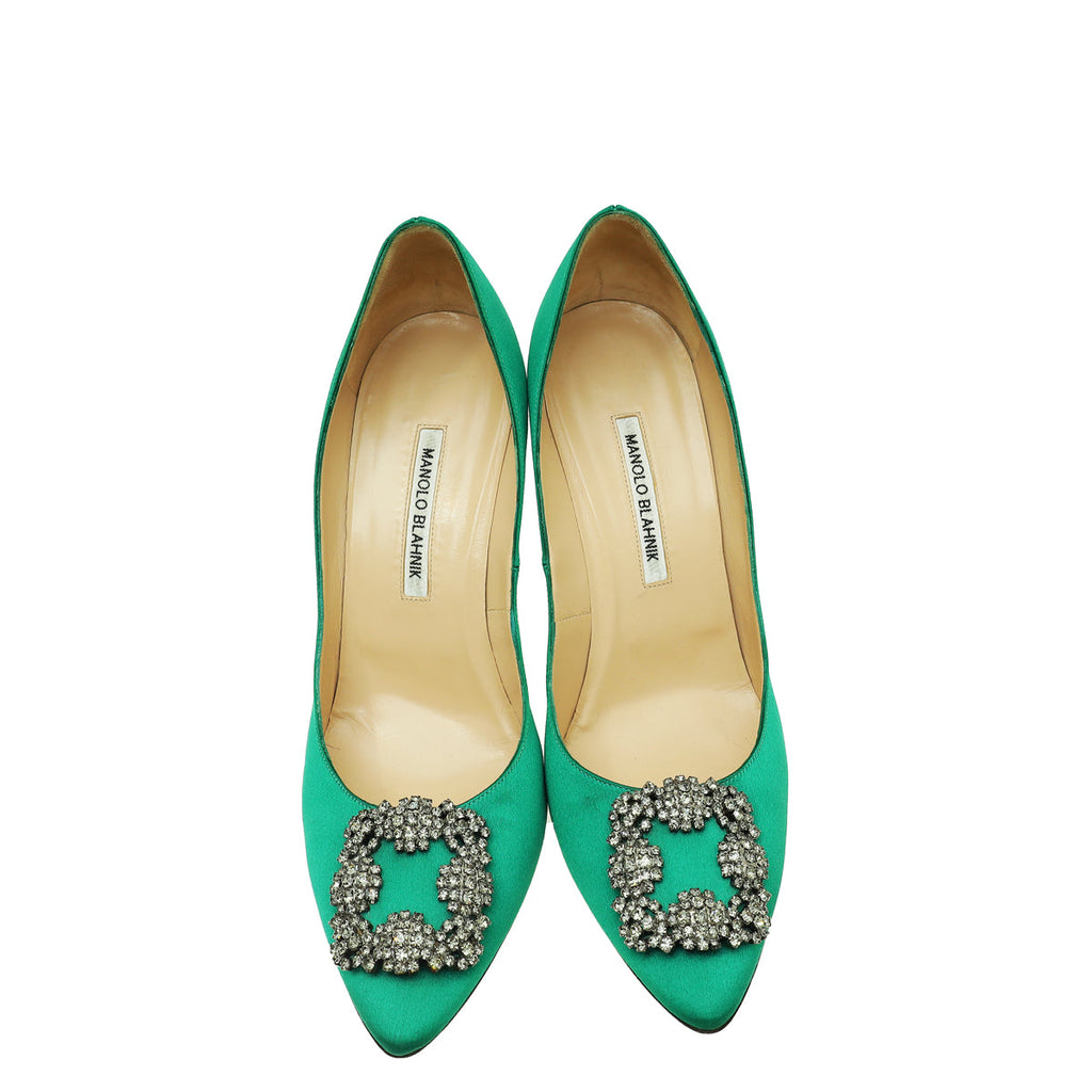 Manolo Blahnik Green Satin Hangisi Pumps 41