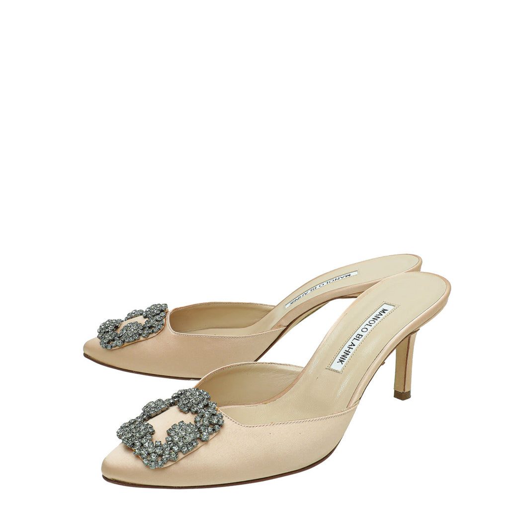 Manolo Blahnik Nude Satin Hangisi Mules 38.5