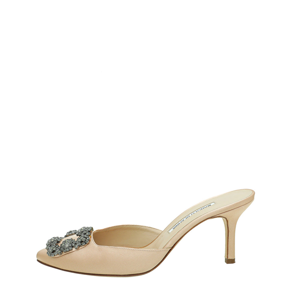 Manolo Blahnik Nude Satin Hangisi Mules 38.5
