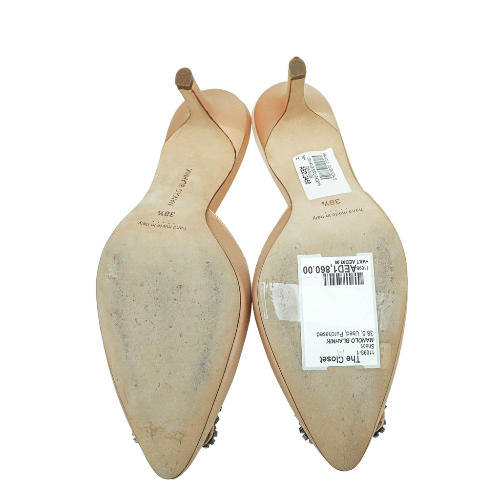 Manolo Blahnik Nude Satin Hangisi Mules 38.5