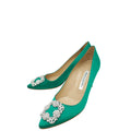Manolo Blahnik Emerald Green Hangisi Satin Embellished Pump 39