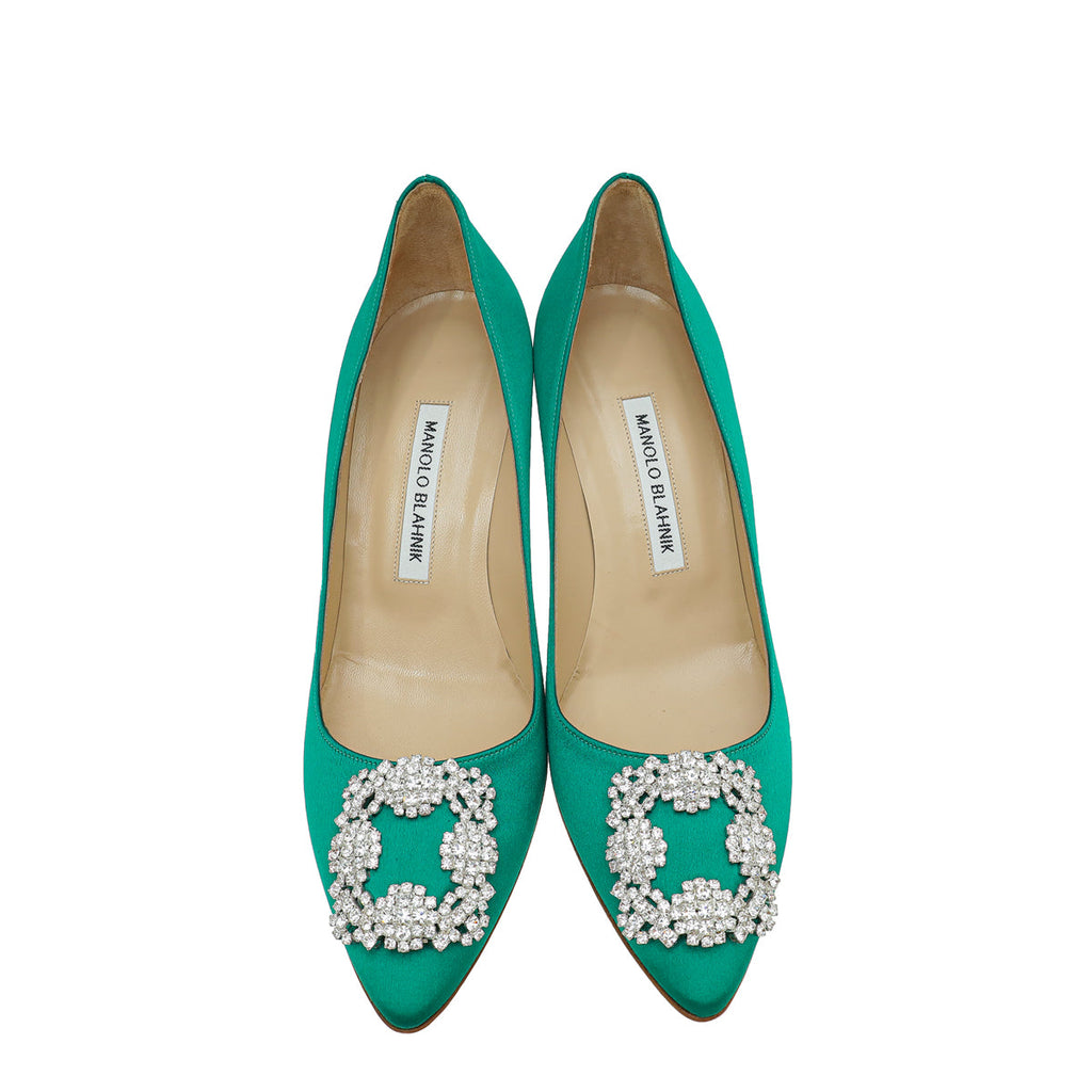 Manolo Blahnik Emerald Green Hangisi Satin Embellished Pump 39