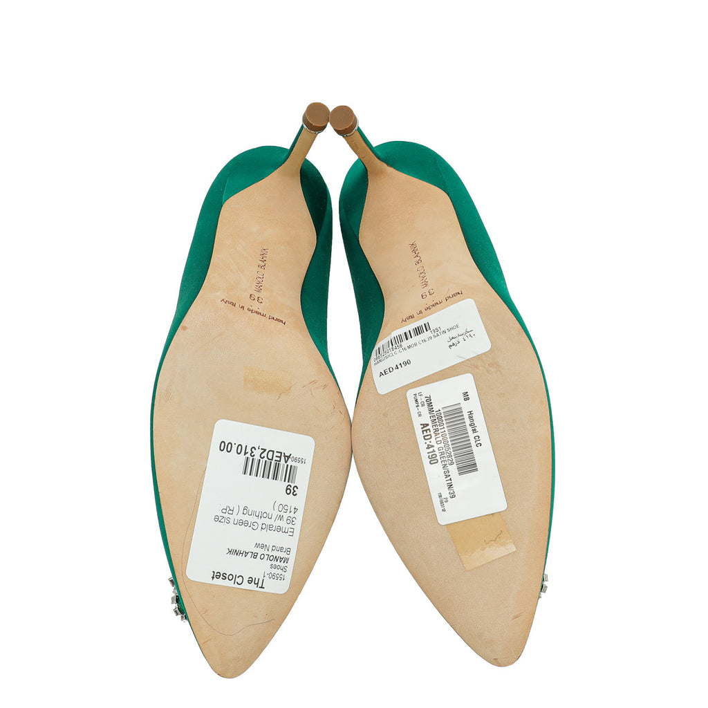 Manolo Blahnik Emerald Green Hangisi Satin Embellished Pump 39