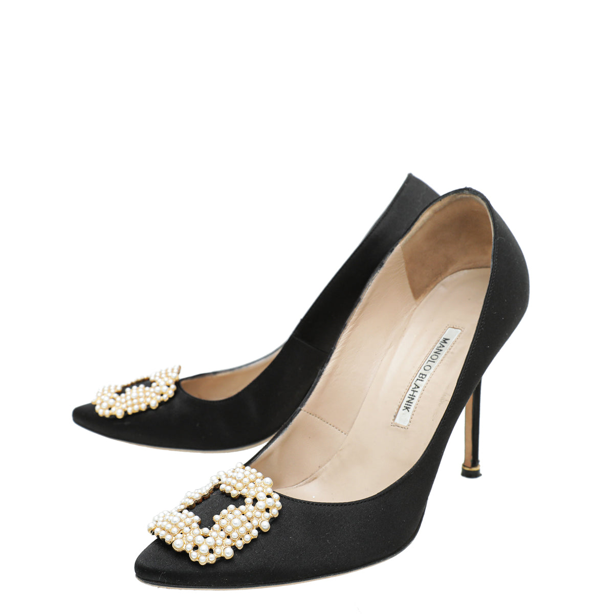 Manolo Blahnik Black Satin Hangisi Pearl Buckle Pump 41