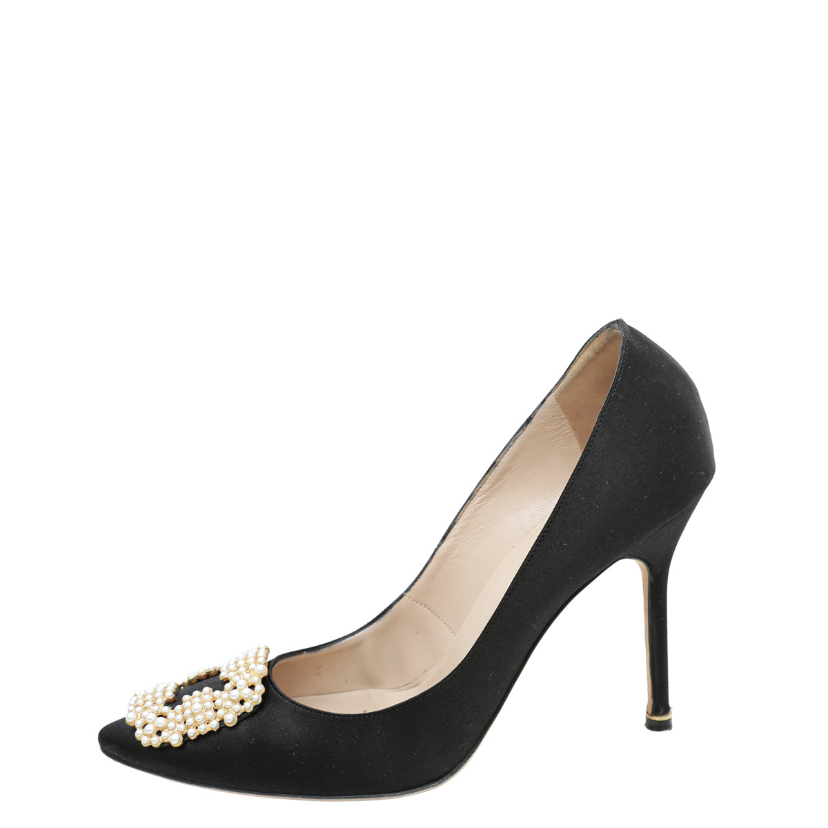 Manolo Blahnik Black Satin Hangisi Pearl Buckle Pump 41