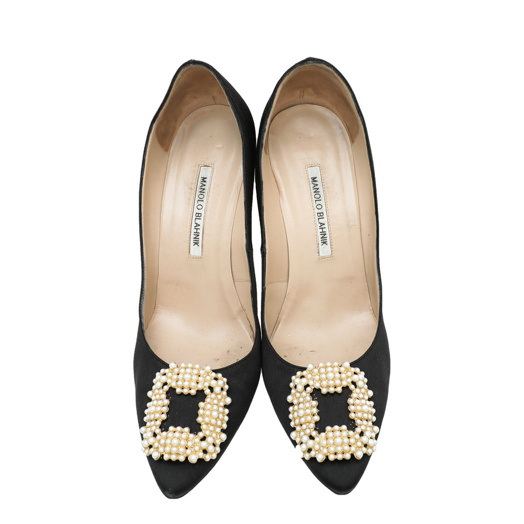 Manolo Blahnik Black Satin Hangisi Pearl Buckle Pump 41